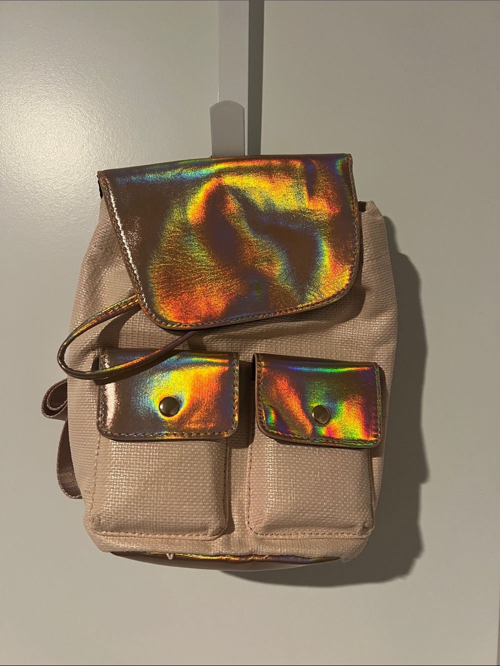NOBO Beige Mini Backpack with Holographic Flap and Pockets